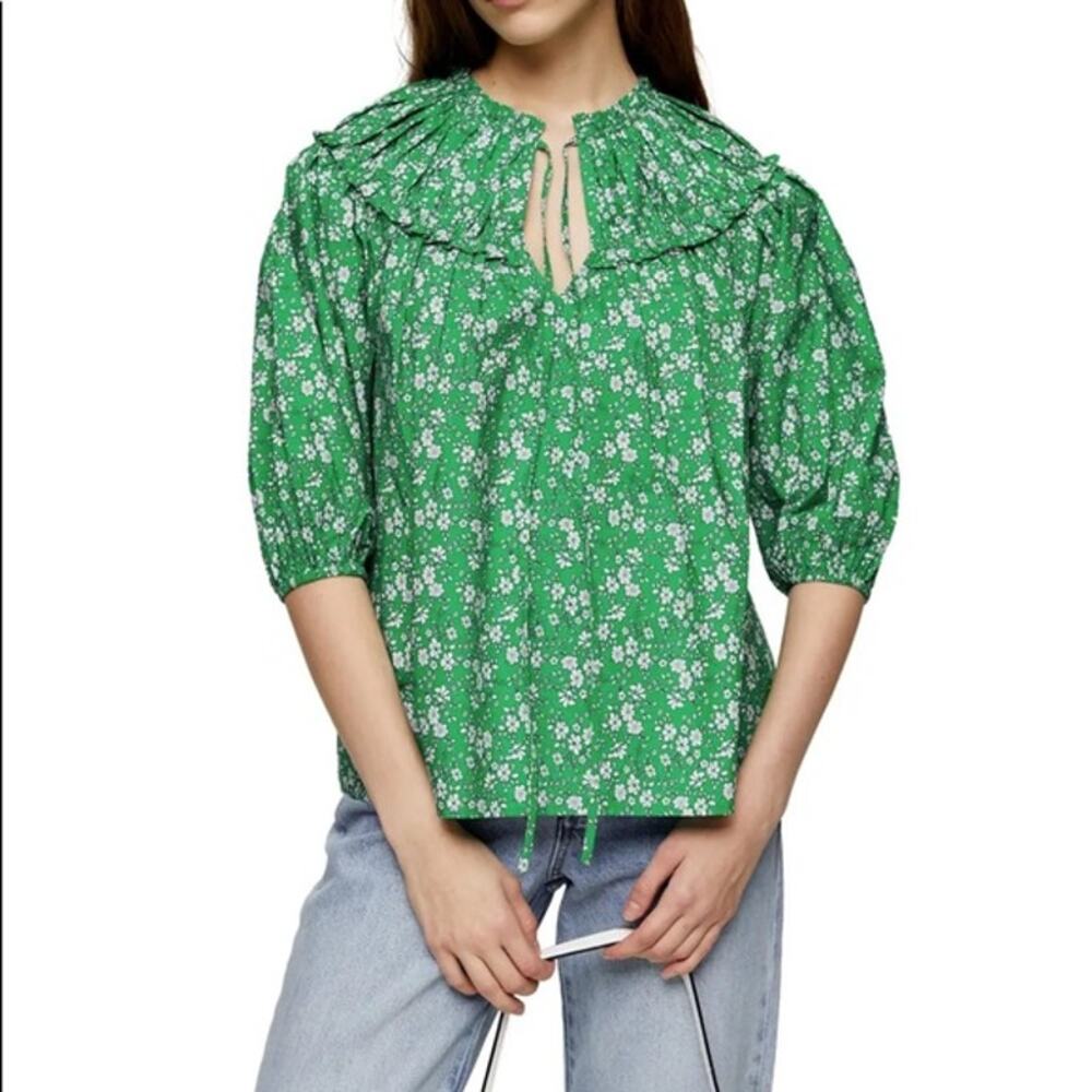 Topshop Floral Puff-Sleeve Peasant Blouse US 8 (UK 12) Green 100% Cotton NWT